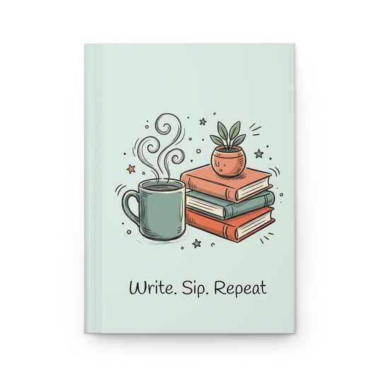 Write. Sip. Repeat. Hardcover Journal — Cozy Coffee & Books Notebook