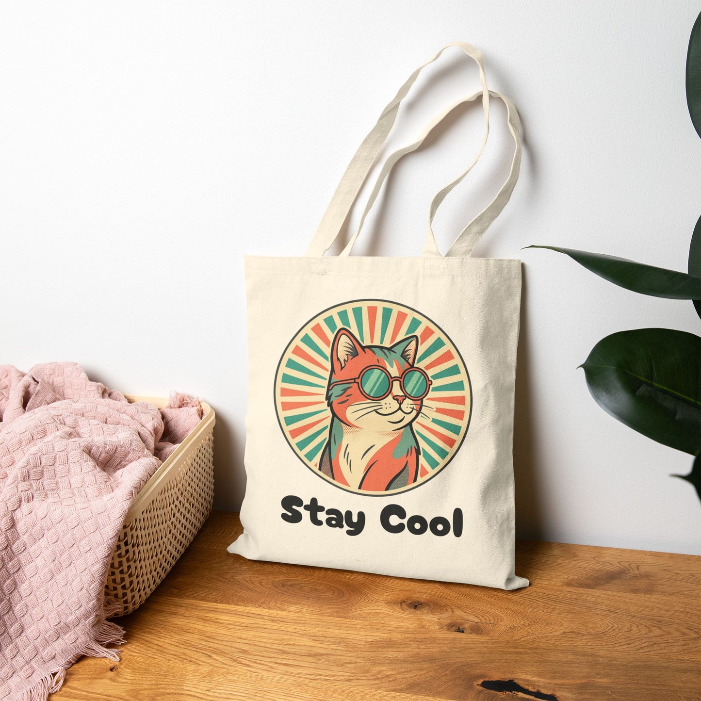 Tote Bag — "Stay Cool" Retro Cat Canvas Tote