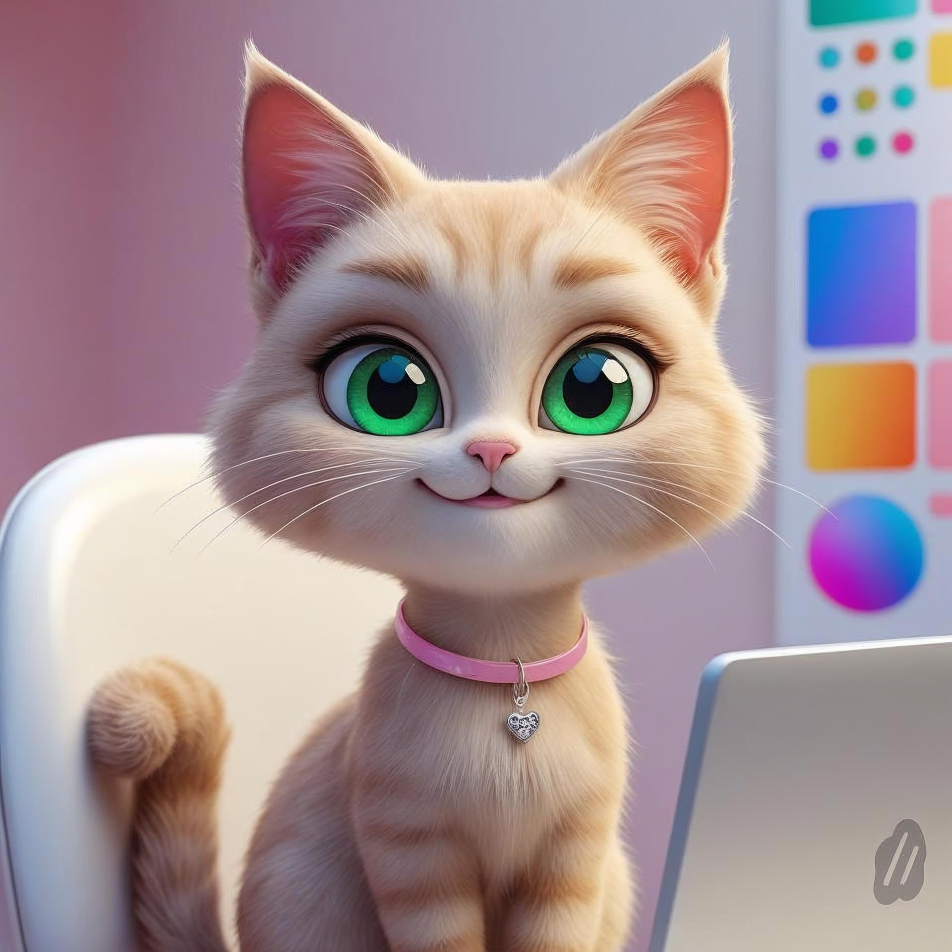Animated cat sitting at a desk with a laptop, colorful design software in the background