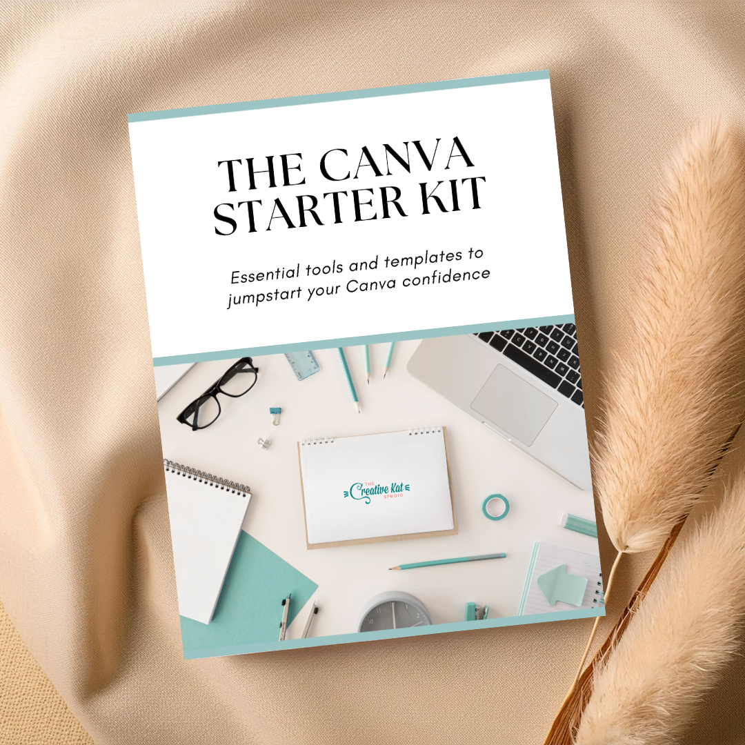 Canva Starter Kit book on a beige surface with a laptop and glasses on top