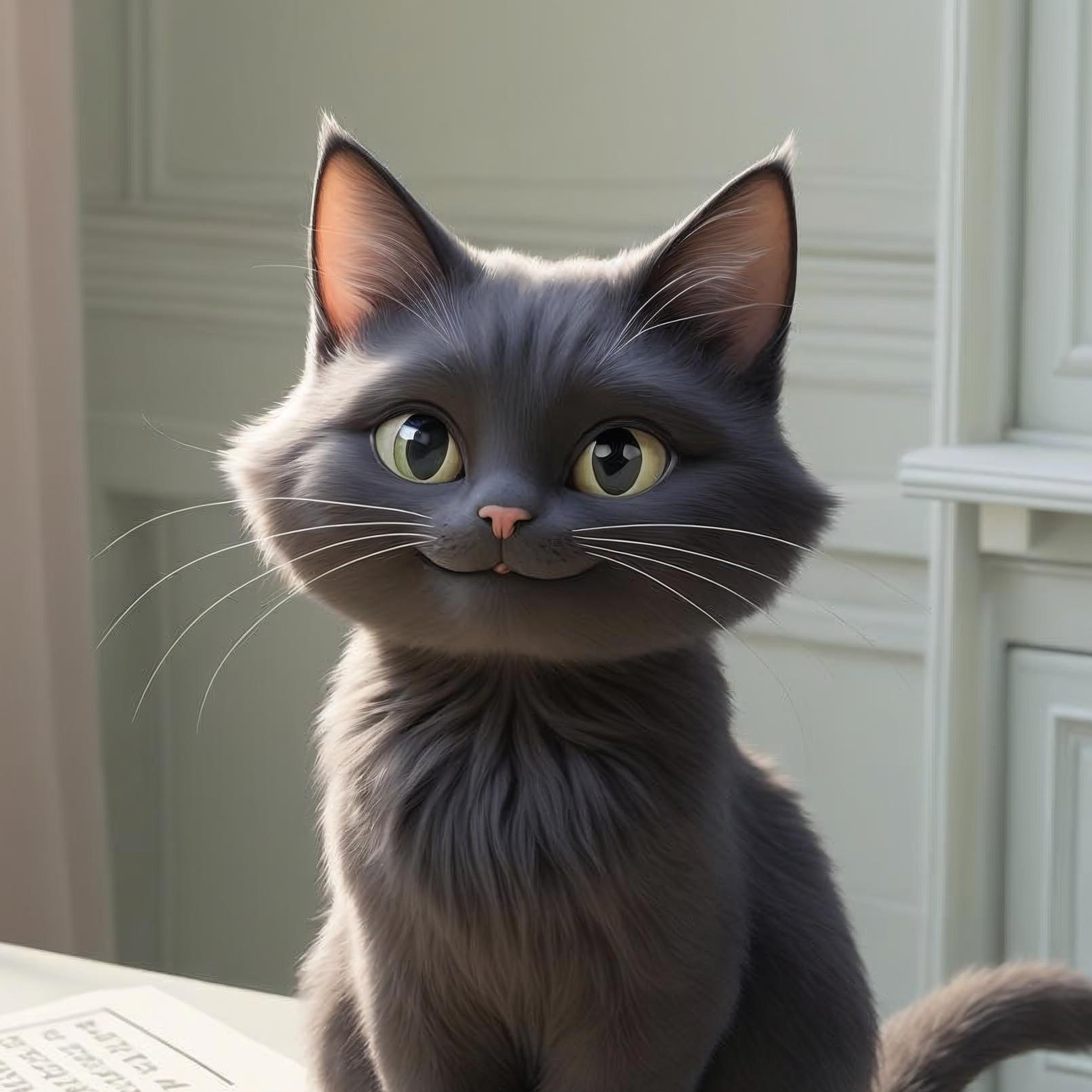 Gray cat sitting on a table with cards in a room with white paneled walls.